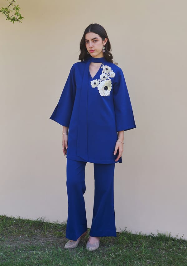 Royal Blue Crepe Tunic and Wide-Leg Co-ord Set — AMOSHI