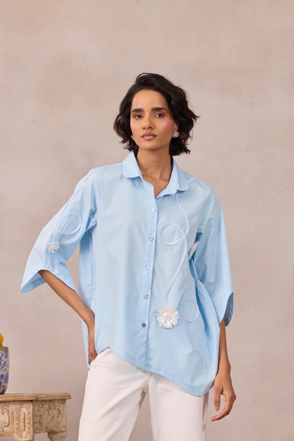 Frost Blue Applique Button-Down Shirt with Wave Hem — 63East