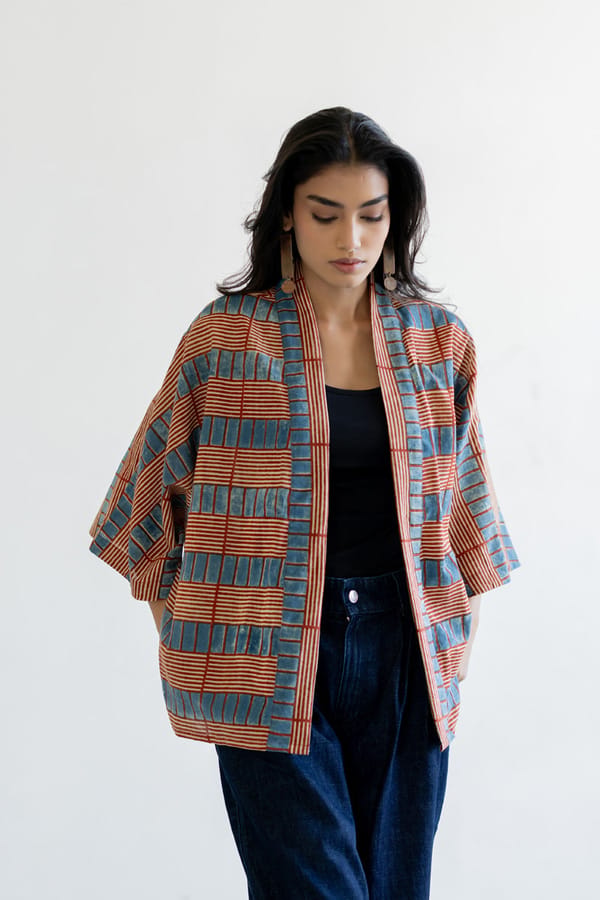 Multicolor Block Printed Striped Cotton Cape Shrug — Vraj Bhoomi