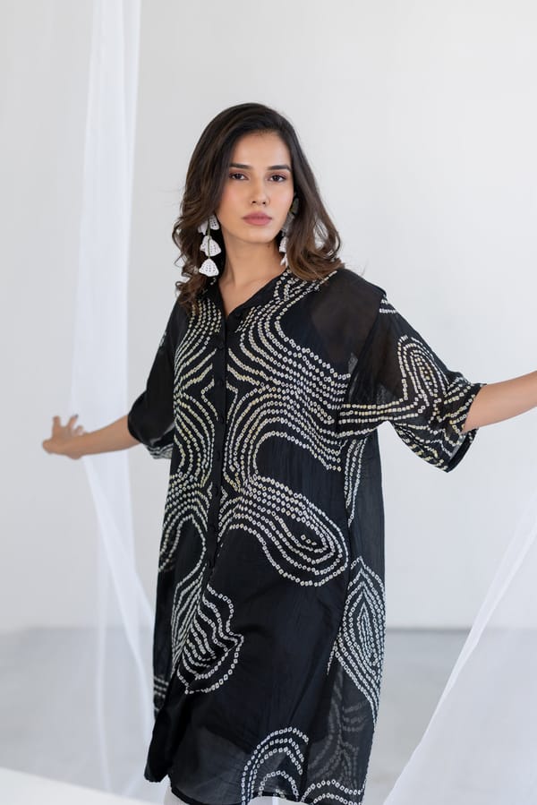 Black Abstract Bandhani Chanderi Shirt Tunic — Silai studio
