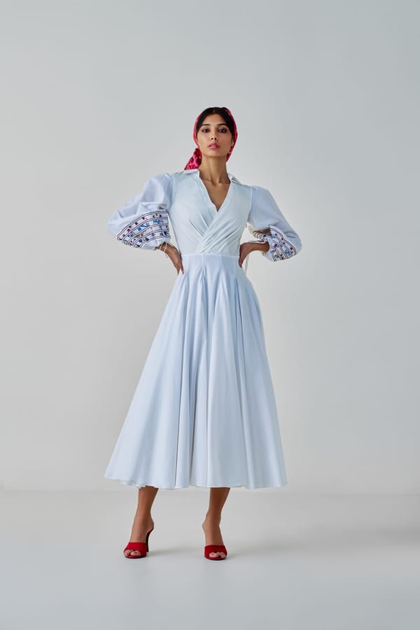 White Fit and Flare Midi Dress with Mirror Work Cuffs — Saaksha and Kinni