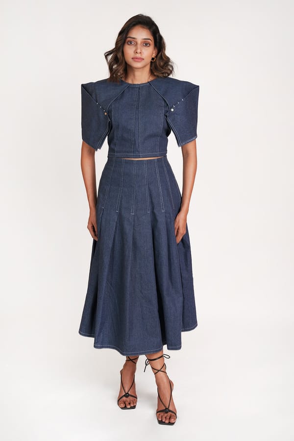 Dark Blue Denim Sculpted Sleeve Top and Midi Skirt Co-ord — 9899