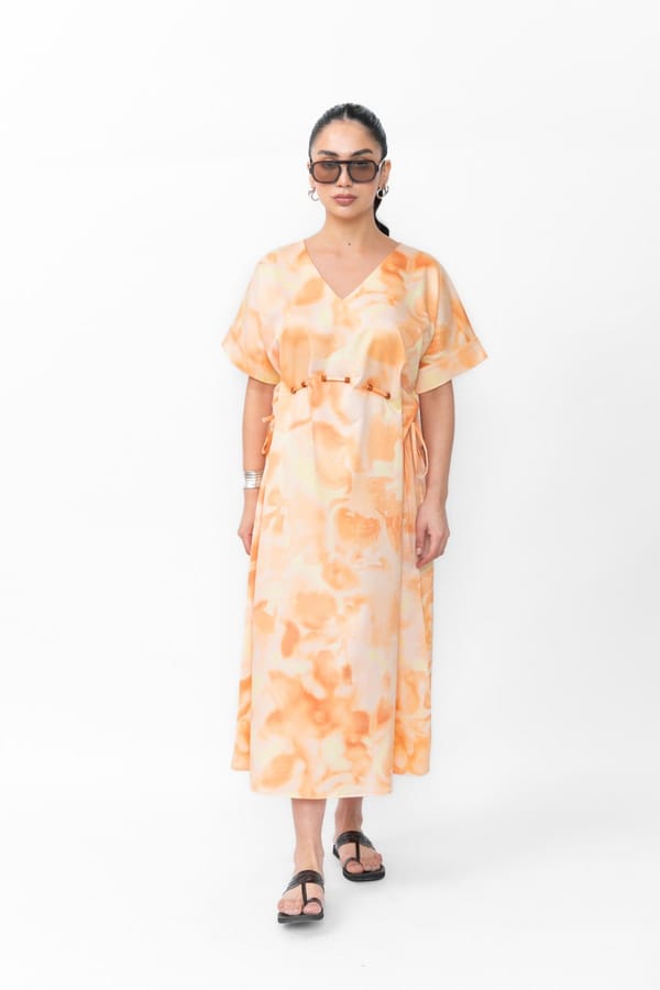 Orange Abstract Print Kaftan Midi Dress with Belt — Contemponari