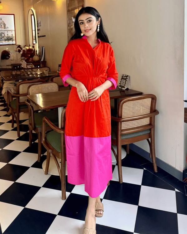 Pink/Orange Colorblock Fit-and-Flare Midi Dress — House of Soi