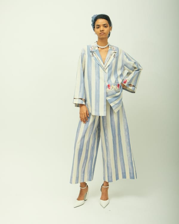 Ice Blue Striped Shirt and Wide-Leg Pants Co-ord Set — Ofrida