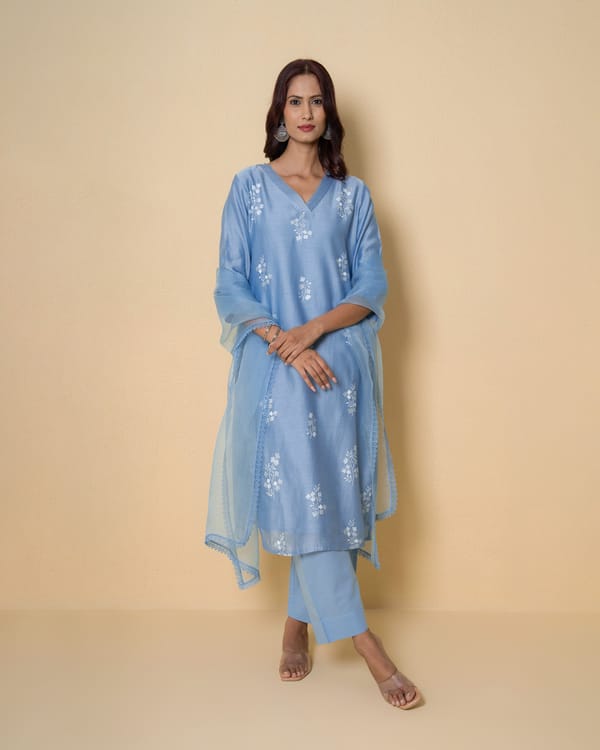 Moonlit Blue Embroidered Chanderi Suit Set — Kameez
