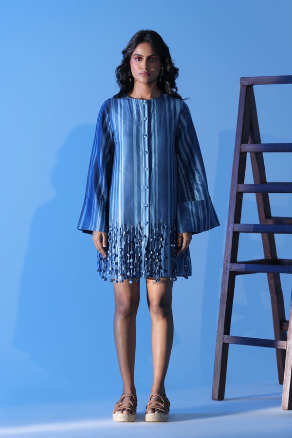 Blue Striped Button-Front Tassel-Hem Mini Dress — MANVI DAGA STUDIO