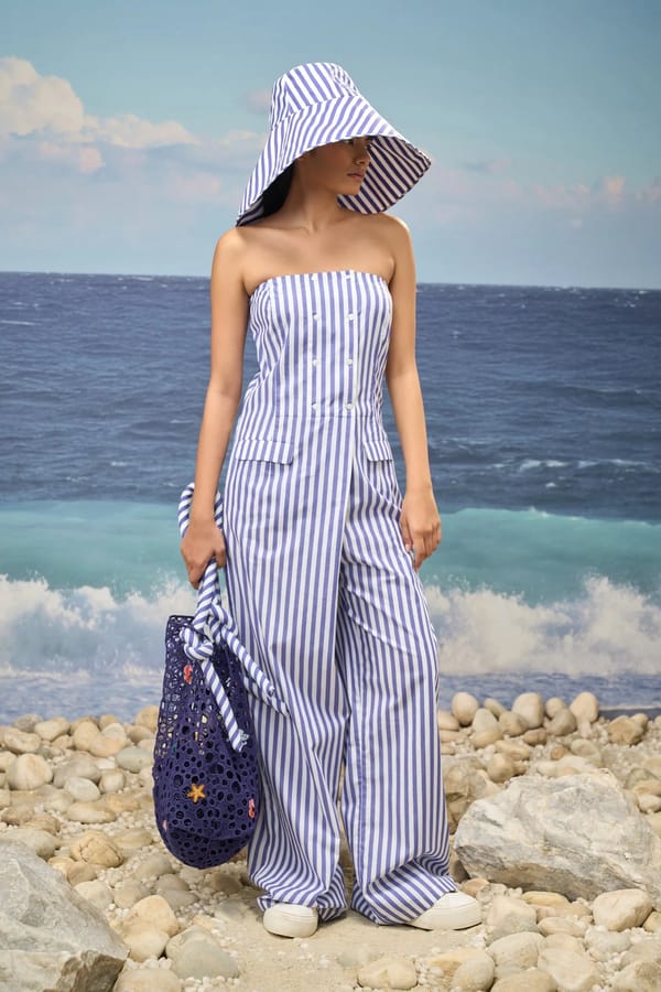 Premium Strapless Jumpsuit in Navy Striped Cotton — Genes Lecoanet Hemant