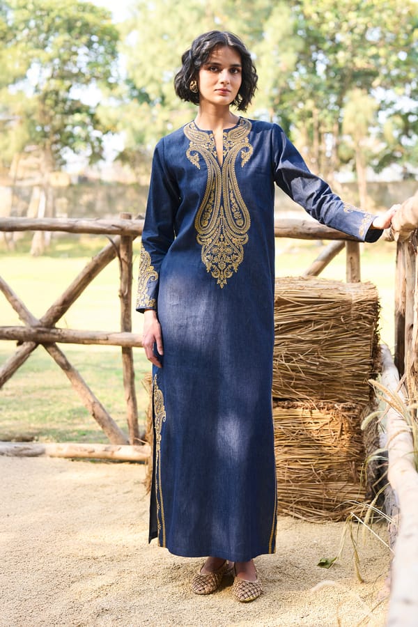 Embroidered Denim Kaftan Dress — Dash and Dot