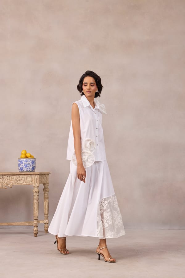 Bright White Panelled Flared Midi Skirt with Floral Applique — 63East