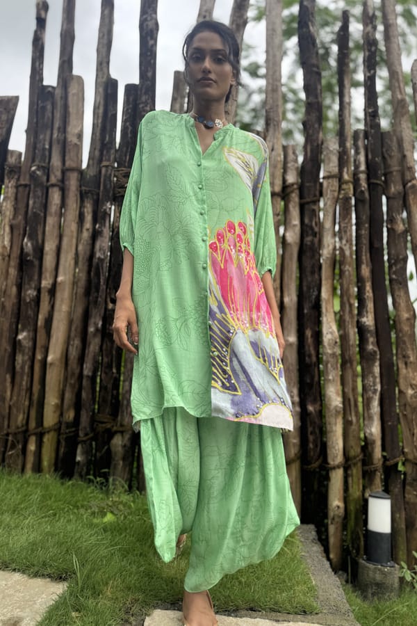 Mint Green Printed Straight Kurta Set with Button Placket — Basil Leaf