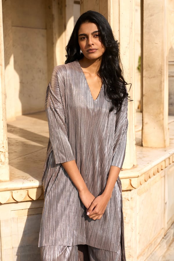 Nickel Pleated Lamé Longline V-Neck Top — Dash and Dot