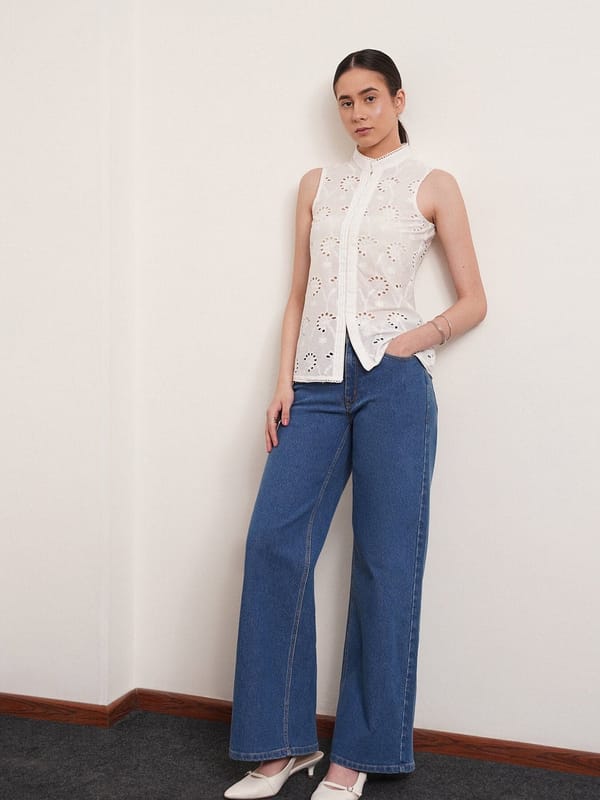 White Cotton Schiffli Cutwork High Neck Sleeveless Top — Fable Street