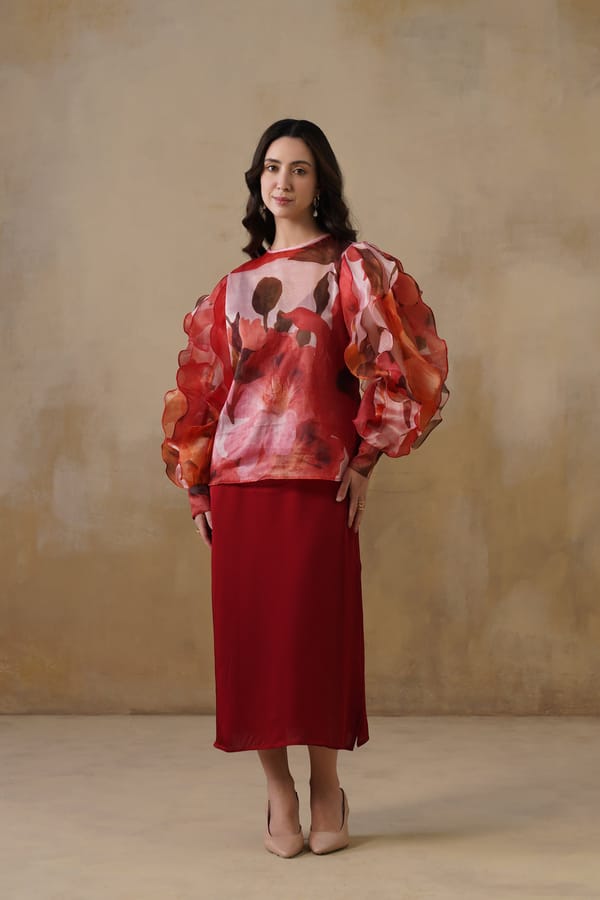 Red Printed Organza Ruffle Sleeve High Neck Top — IERA