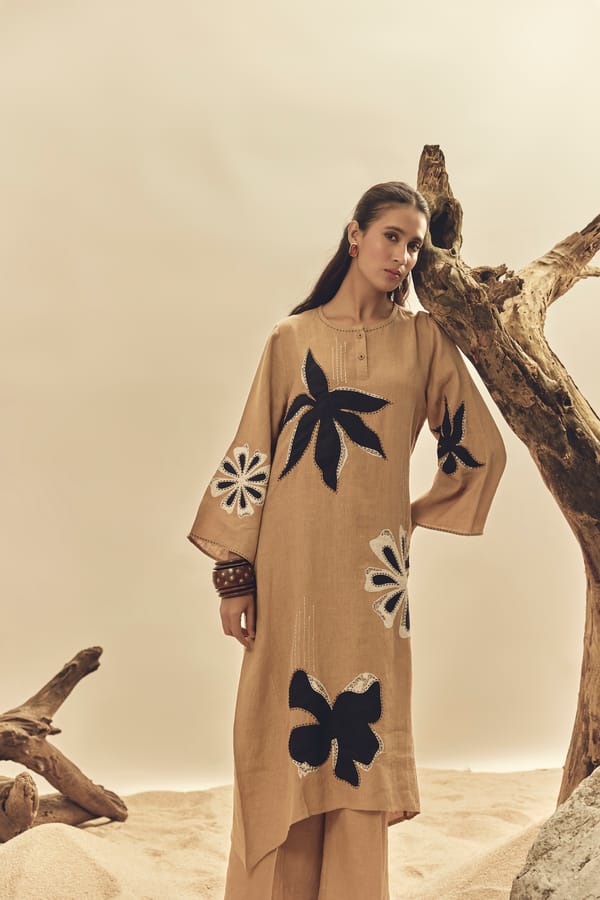 Camel Linen Straight Midi Dress with Applique Motifs — Linen Bloom