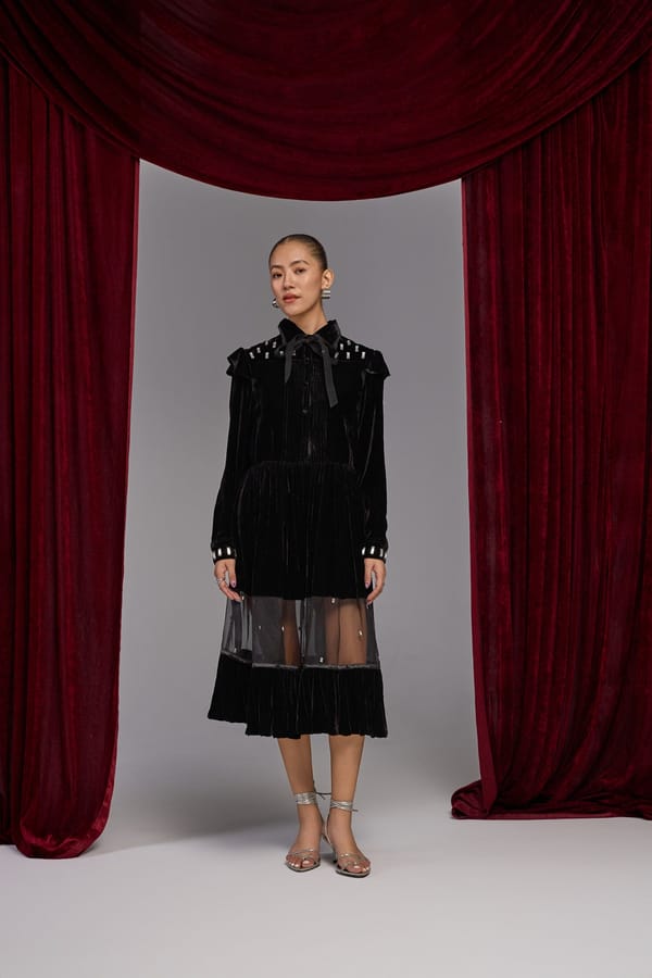 Black Silk Velvet Midi Dress with Crystal Detailing — BELONG