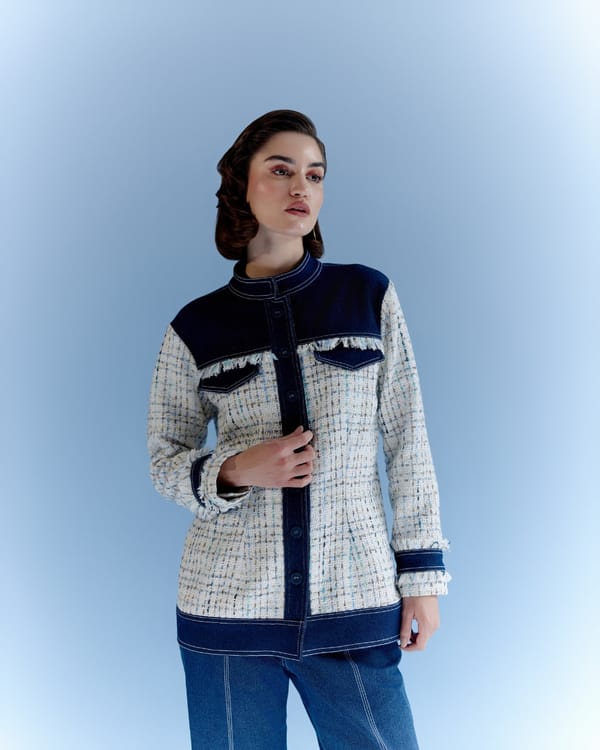 White Tweed and Denim Colorblock Tailored Jacket — KAYSHO