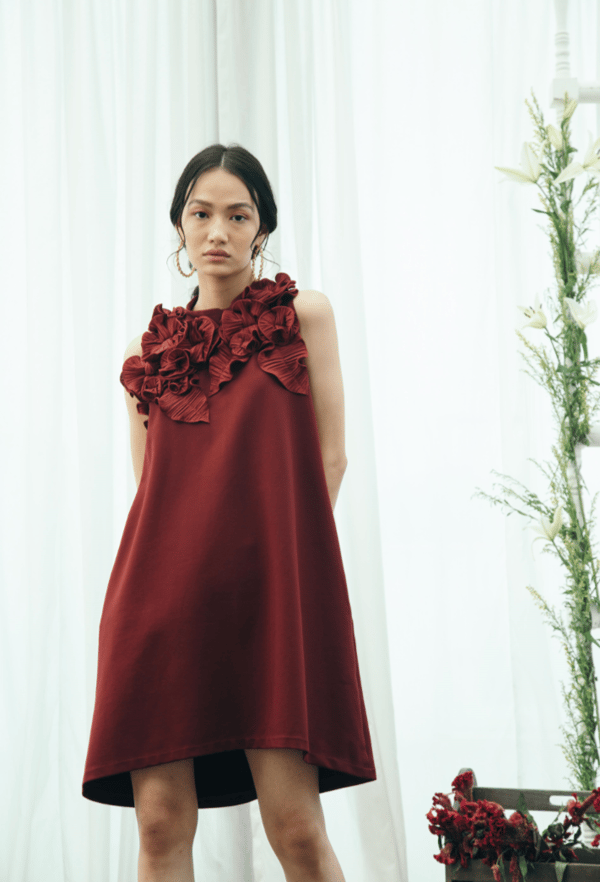 Maroon A-Line Mini Dress with 3D Floral Neck Detail — Pleats by Aruni