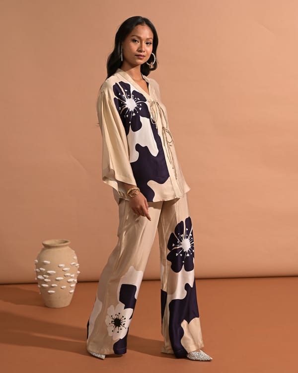 Beige Satin High-Waist Wide-Leg Floral Printed Trousers — Missy Co.