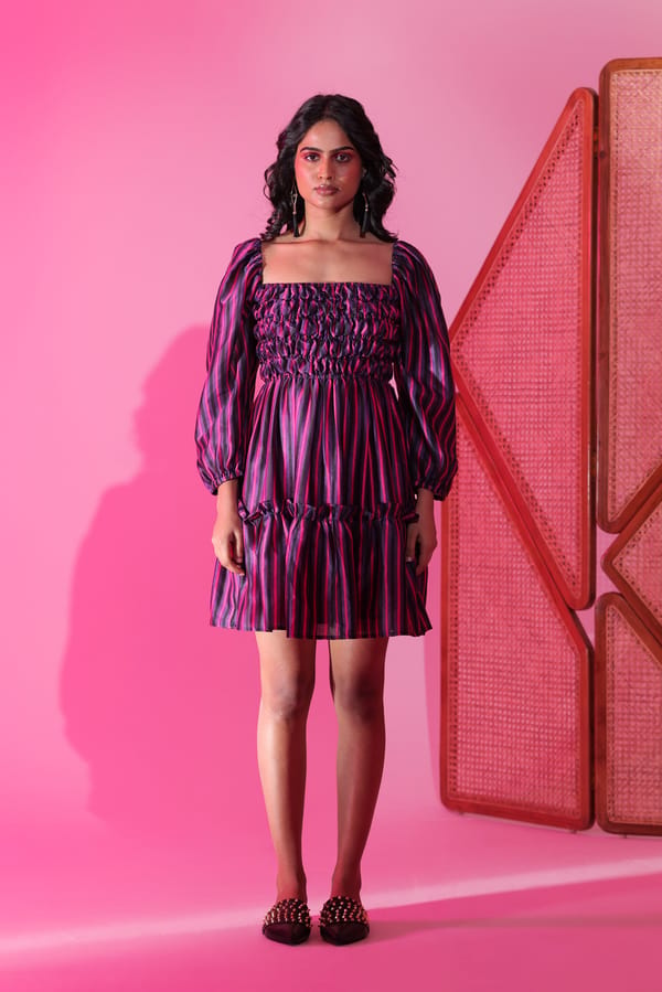 Pink Purple Striped Smocked Tiered Mini Dress — MANVI DAGA STUDIO