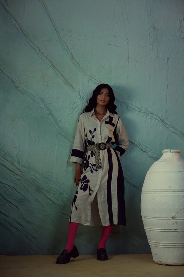 Beige and Navy Linen Midi Shirt Dress with Belt — Linen Bloom