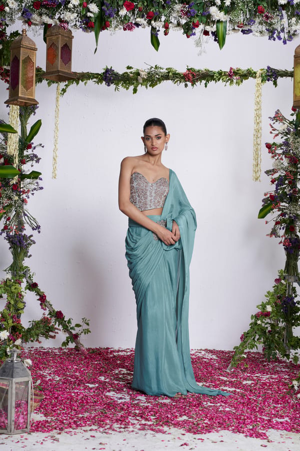 Teal Corset Blouse and Draped Sari Maxi Skirt Set — AMRTA BY GUNEET KONDAL
