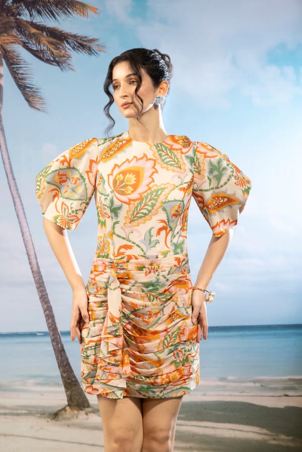 Ivory Floral Ruched Mini Dress — KAYJAY BY KRITIKA JAIN