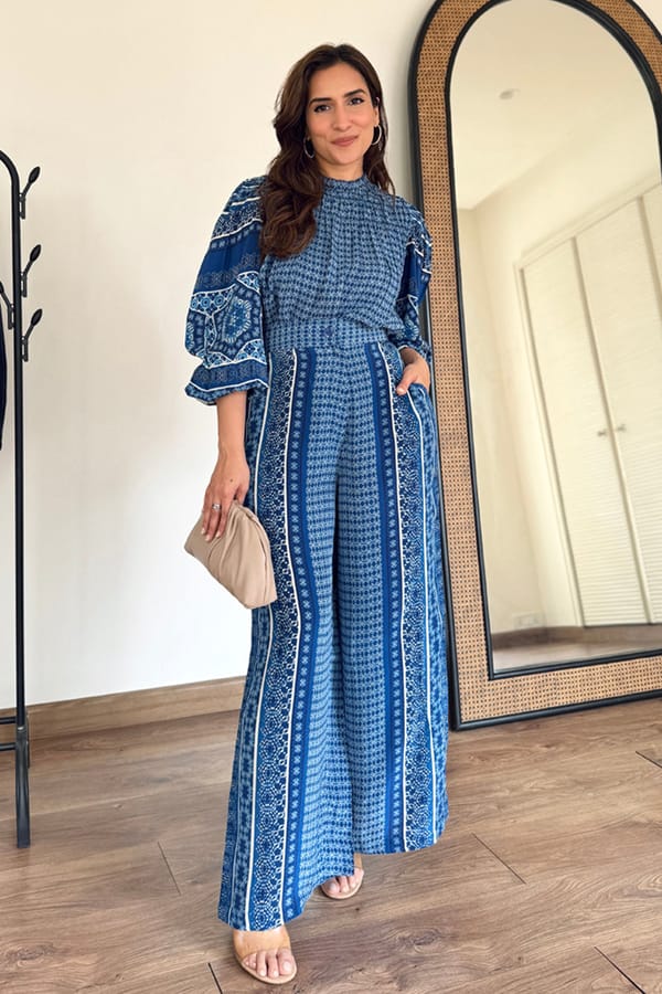 Blue Printed High Neck Balloon Sleeve Blouse — Style Island