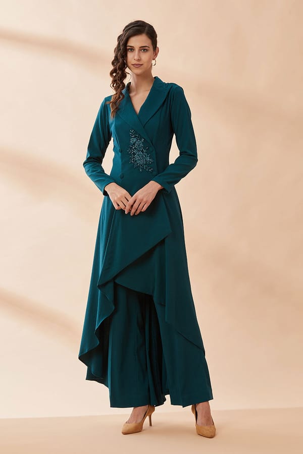 Green Crystal-Embellished Blazer Tunic and Pant Co-ord Set — Aakaar