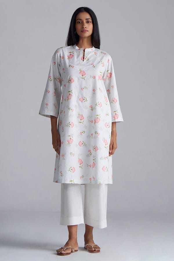 White Floral Printed Cotton Co-ord Set with Chikankari — Ganga Fashions Pvt Ltd