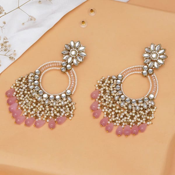 Rose Pink Crystal Kundan Chandbali Earrings with Pearls — BeAbhika