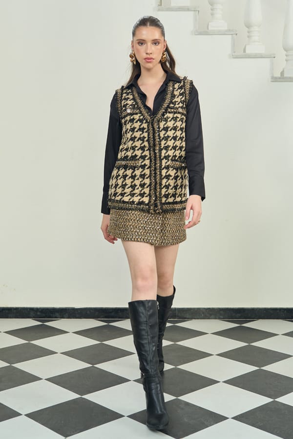 Gold/Black Tweed Jacket and Mini Skirt Co-ord Set — AVERIE