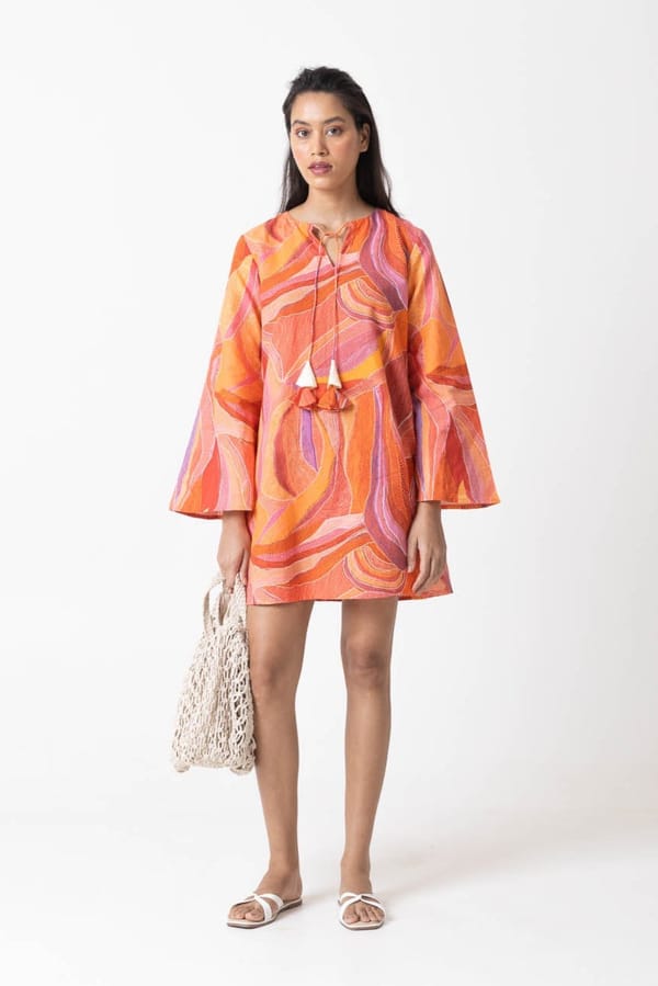 Orange/Multicolor Abstract Print A-Line Mini Dress — MOMENT BOMBAY