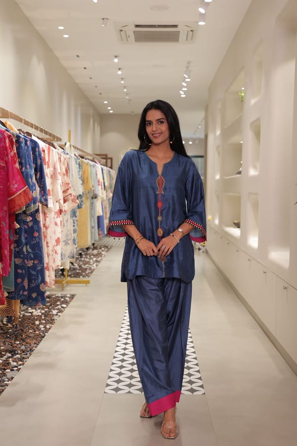Blue Fish Patch Embroidery Short Tunic Set — SHIVANI BHARGAVA