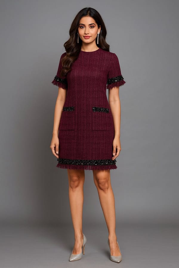 Burgandy Tweed Mini Shift Dress with Sequin Fringe Trim — Younglings