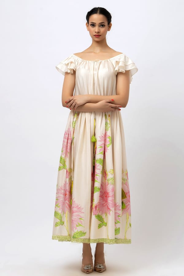 Hand-Painted Rose Off-Shoulder Maxi — Jungle Marigold