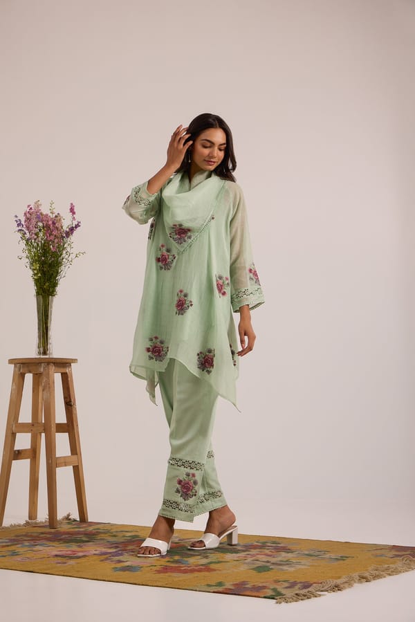 Sea Green Asymmetric Cowl Tunic and Pants Co-ord Set — Omi Clothing