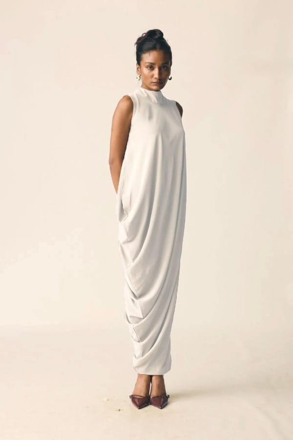 White High Neck Asymmetrical Drape Maxi Dress — Unrush
