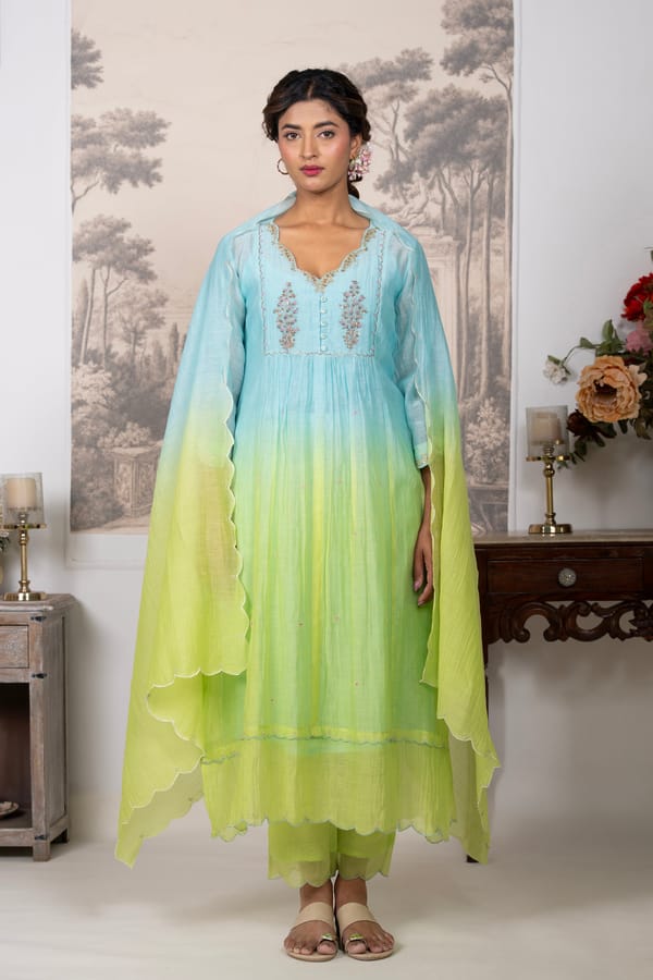 Neon Teal Ombre Yoke Tree Suit Set — Tatwa Designs