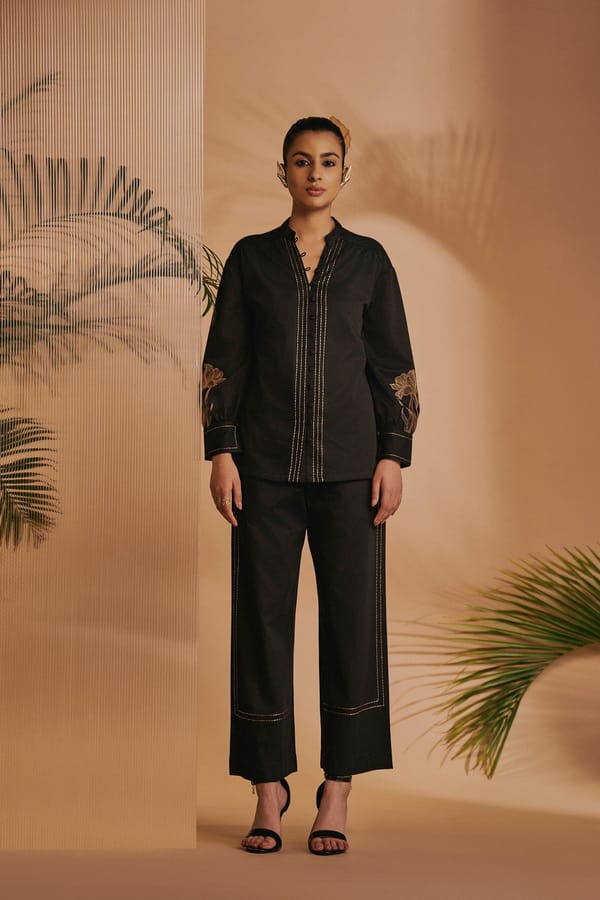 Black Cotton Satin Embroidered Co-ord Set — Origani