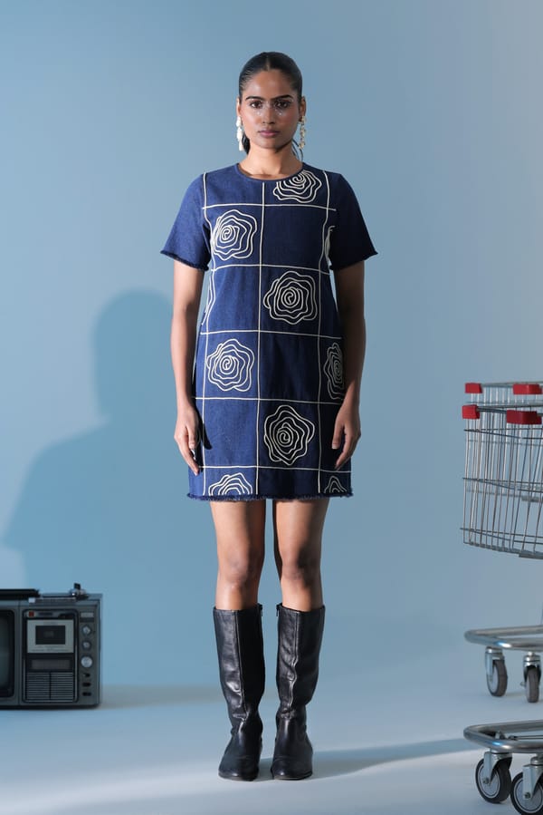 Blue Denim Graphic Grid A-Line Mini Dress — MANVI DAGA STUDIO