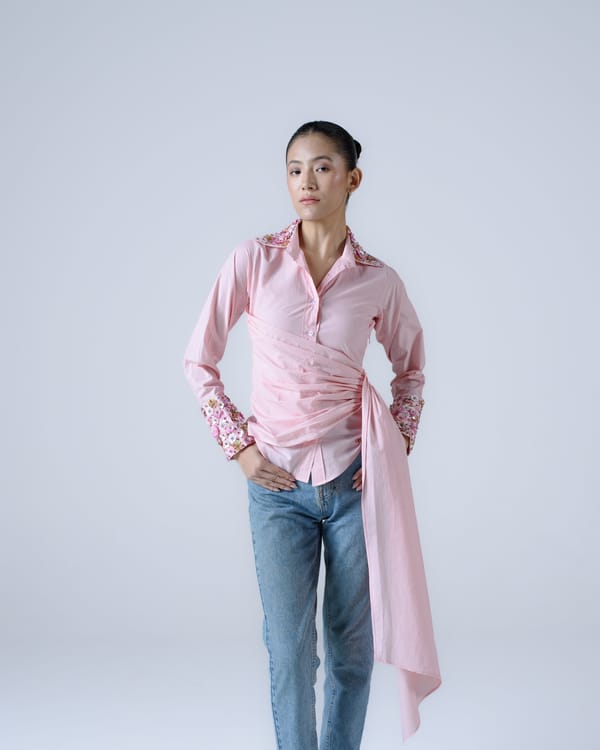 Baby Pink Draped Waist Embellished Cotton Poplin Shirt — MAGIA