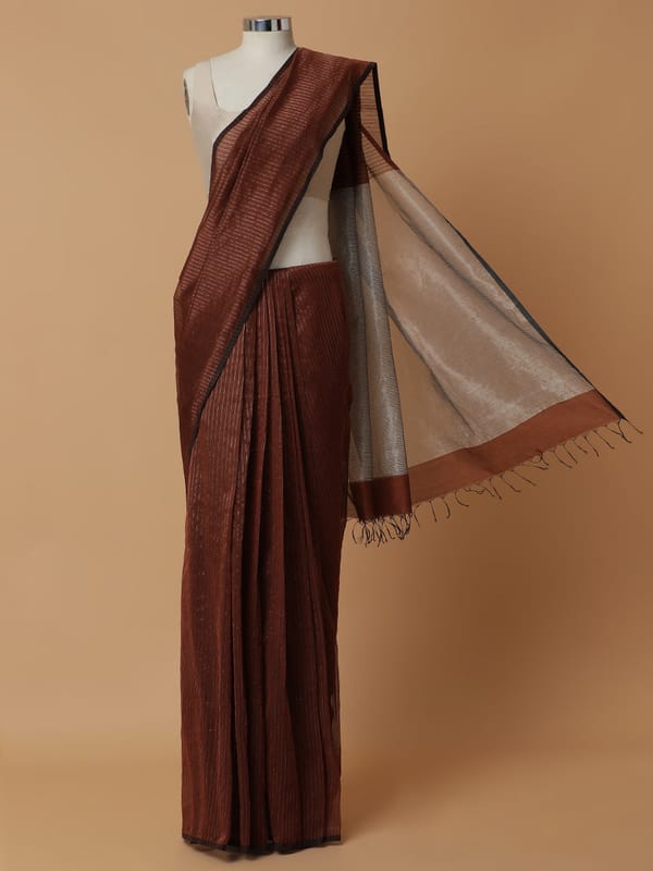 Maheshwari Cotton Silk Brown Striped Silver Border — BINKS