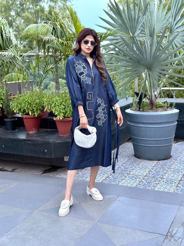 Midnight Geometry Embroidered Cotton Dress — Puja Agarwal
