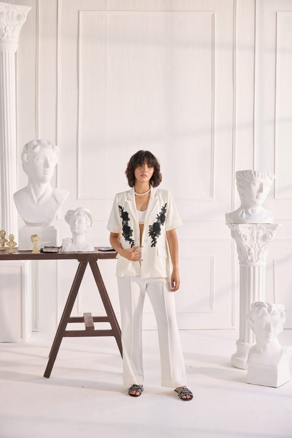 Ivory Blazer and Straight Pants Co-ord Set with Lace Applique — Shivya K