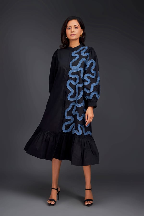 SHIRT DRESS WITH PLEATED FRILL DETAILING ON ONE SIDE — Deepika Arora