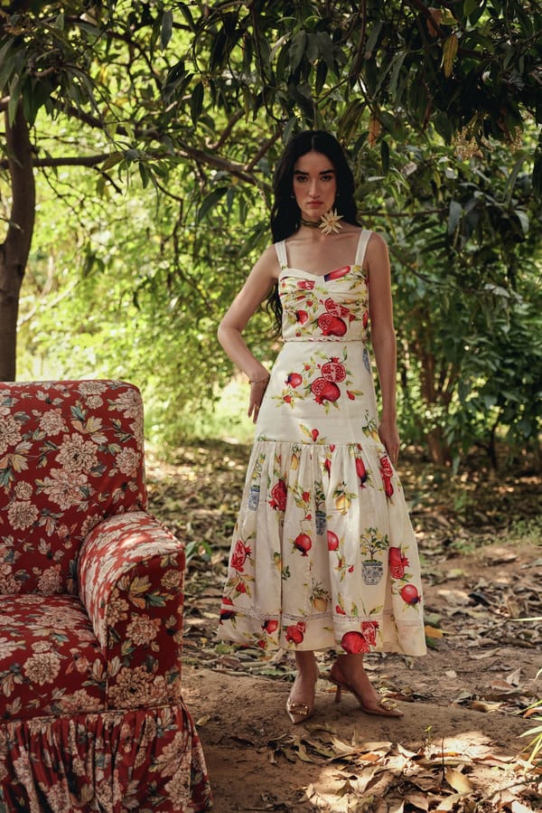 Off White Sweetheart Neck Fruit Print Maxi Dress — BELONG