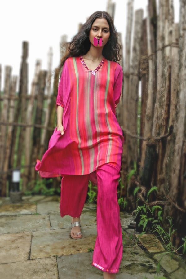 Pink Striped Kurta and Pant Co-ord Set — Basil Leaf