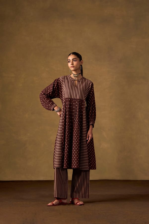 Cocoa Dot & Stripe Tiered Kurta Set — Truly SMA