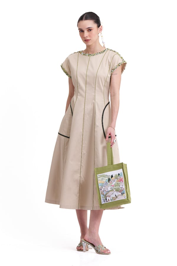 Natural Cotton Twill Fit and Flare Midi Dress — Our Love